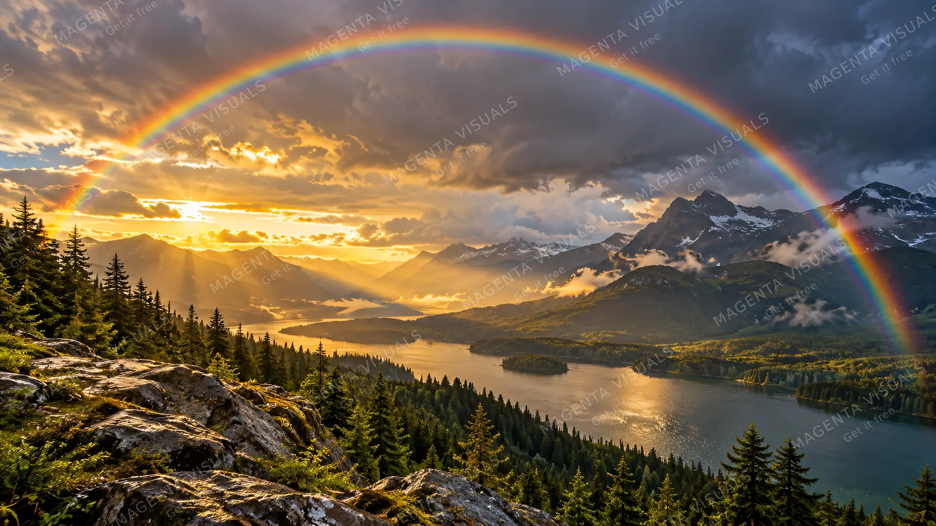 4K 16:9 widescreen desktop wallpaper, full-bleed photoreal photograph of a vibrant, perfectly arched rainbow stretching across a dramatic post-storm sky over a rugged mountain landsc…