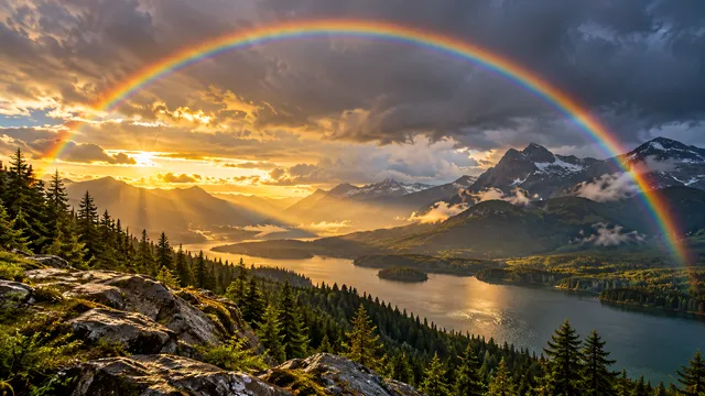 4K 16:9 widescreen desktop wallpaper, full-bleed photoreal photograph of a vibrant, perfectly arched rainbow stretching across a dramatic post-storm sky over a rugged mountain landsc…