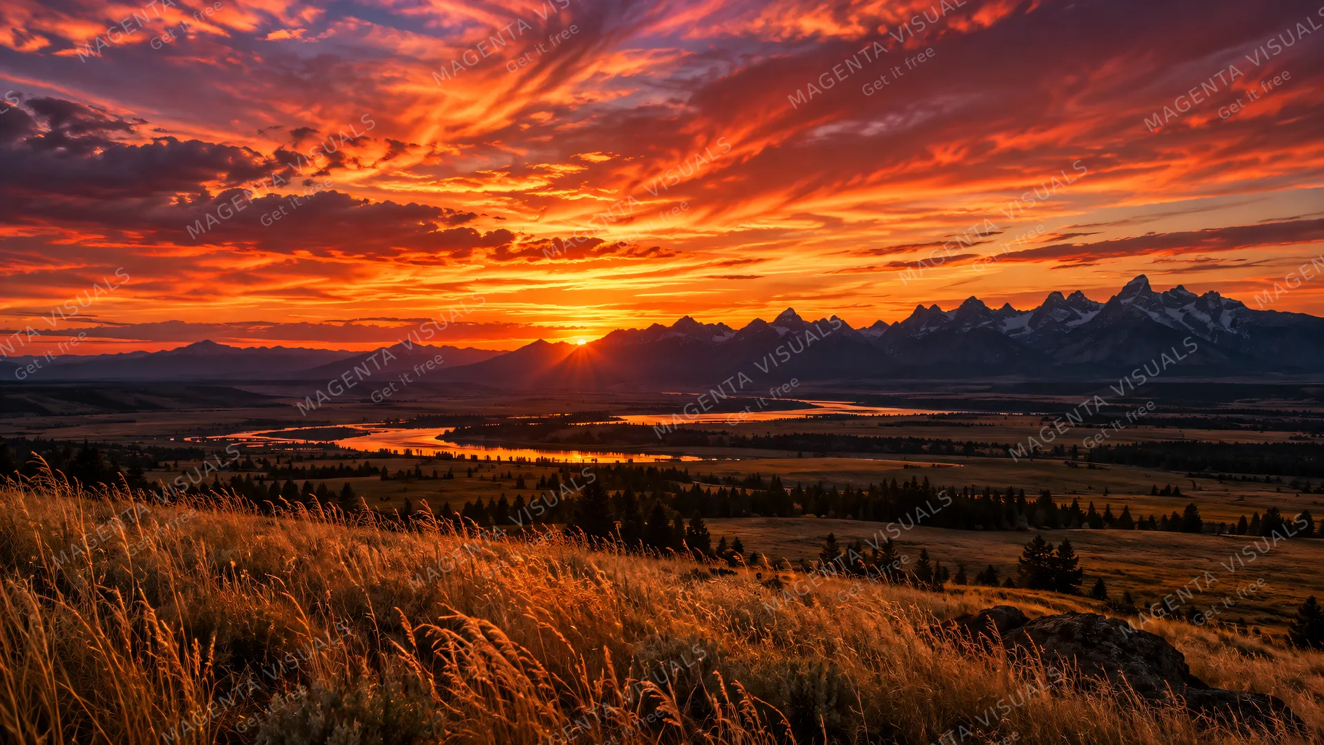4K A breathtaking 16:9 widescreen desktop wallpaper featuring a photoreal photograph of a dramatic sunset landscape.