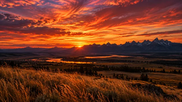 4K A breathtaking 16:9 widescreen desktop wallpaper featuring a photoreal photograph of a dramatic sunset landscape.