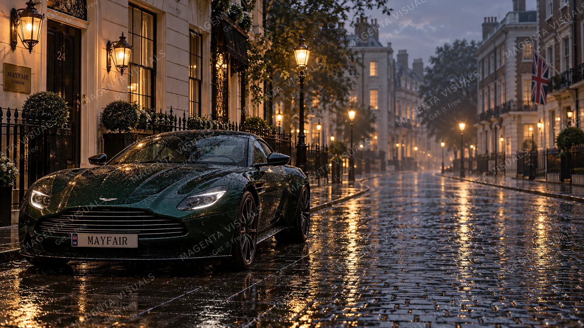 4K wallpaper of Photoreal automotive photography of a British racing green Aston Martin parked elegantly outside a classic Georgian terrace on the left in London dusk rain, leaving the right half…