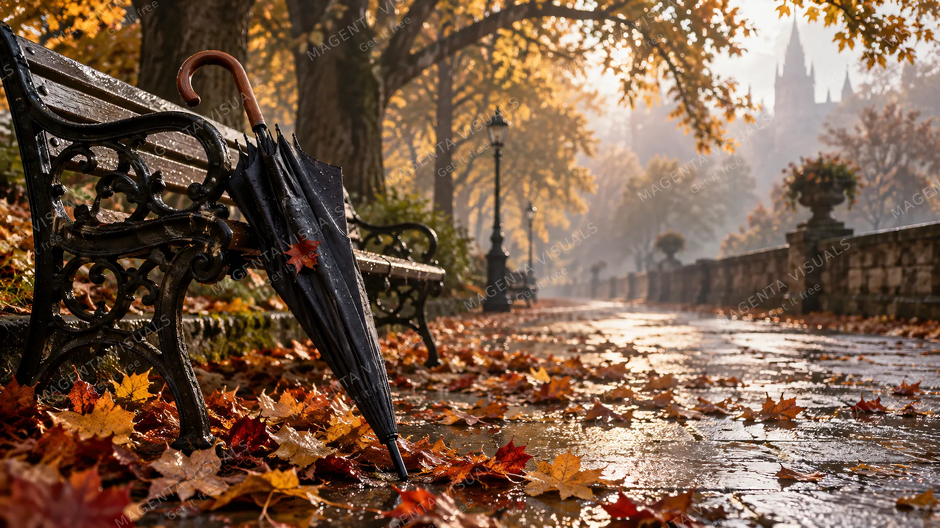 4K 16:9 photoreal photograph of a classic wooden-handled umbrella resting against a wrought-iron park bench, surrounded by freshly fallen golden and crisp red autumn leaves.