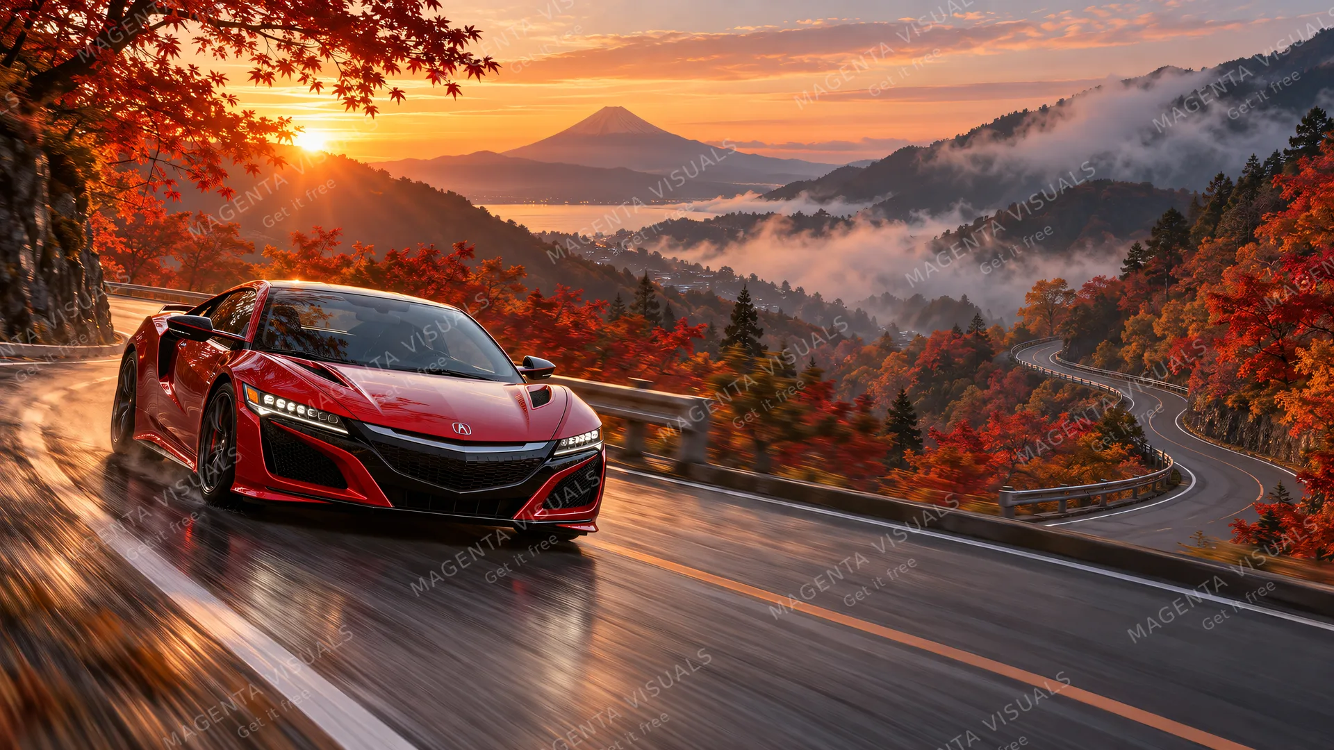 4K wallpaper of A Valencia red Acura NSX carving through a sweeping mountain curve on the left at sunrise on the Hakone Turnpike mountain pass in Japan, framed by glowing autumn maples at dawn.