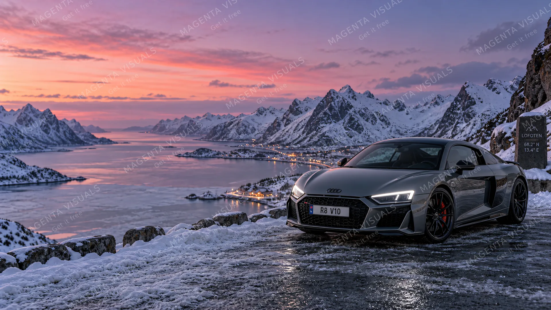 4K wallpaper of Photoreal automotive photography of a Suzuka grey Audi R8 V10 with LED headlights illuminated, parked on a cleared snowy mountain overlook on the right side of the frame.