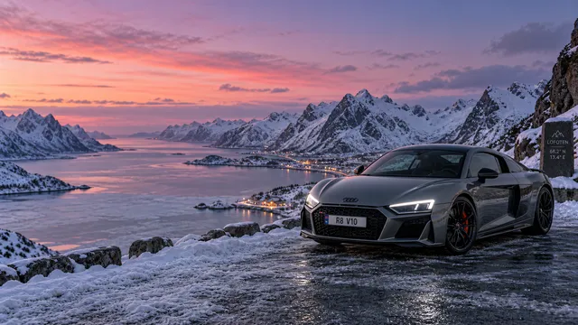 4K wallpaper of Photoreal automotive photography of a Suzuka grey Audi R8 V10 with LED headlights illuminated, parked on a cleared snowy mountain overlook on the right side of the frame.