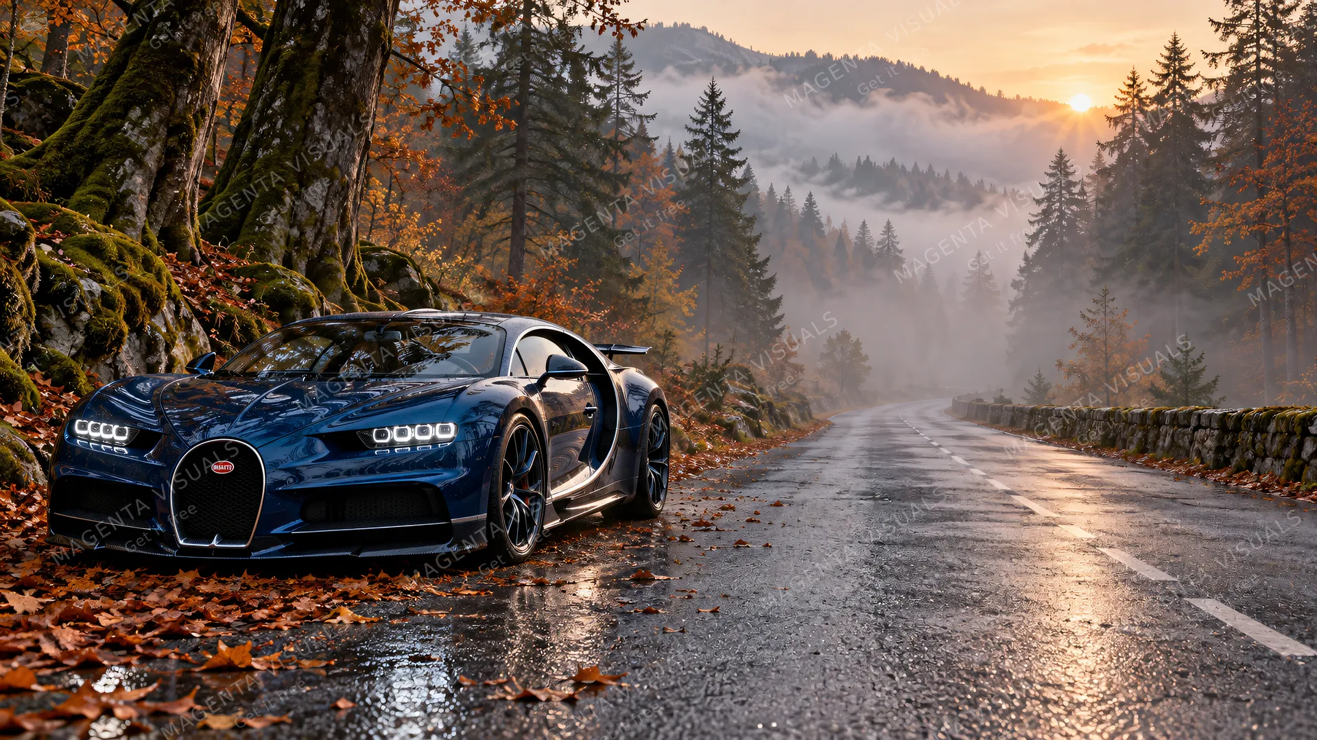 4K wallpaper of A deep French racing blue Bugatti hypercar parked gracefully beside ancient mossy trees on the left side of the frame in early morning mist, serving as the primary focal point.