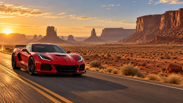 4K wallpaper of A torch red Chevrolet Corvette Z06 cruising on a sun-bleached asphalt two-lane highway on the left side of the frame with heat shimmering on the horizon, set along a Monument Vall…