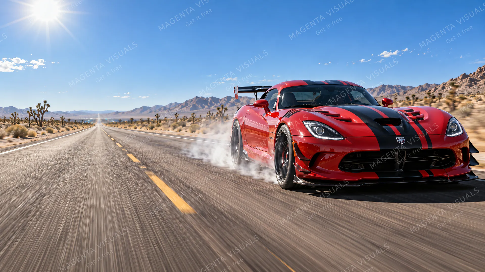 4K wallpaper of A 16:9 widescreen desktop wallpaper featuring a photorealistic automotive photography scene on the Route 66 Mojave desert straightaway under a blistering midday sun.