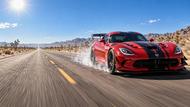4K wallpaper of A 16:9 widescreen desktop wallpaper featuring a photorealistic automotive photography scene on the Route 66 Mojave desert straightaway under a blistering midday sun.