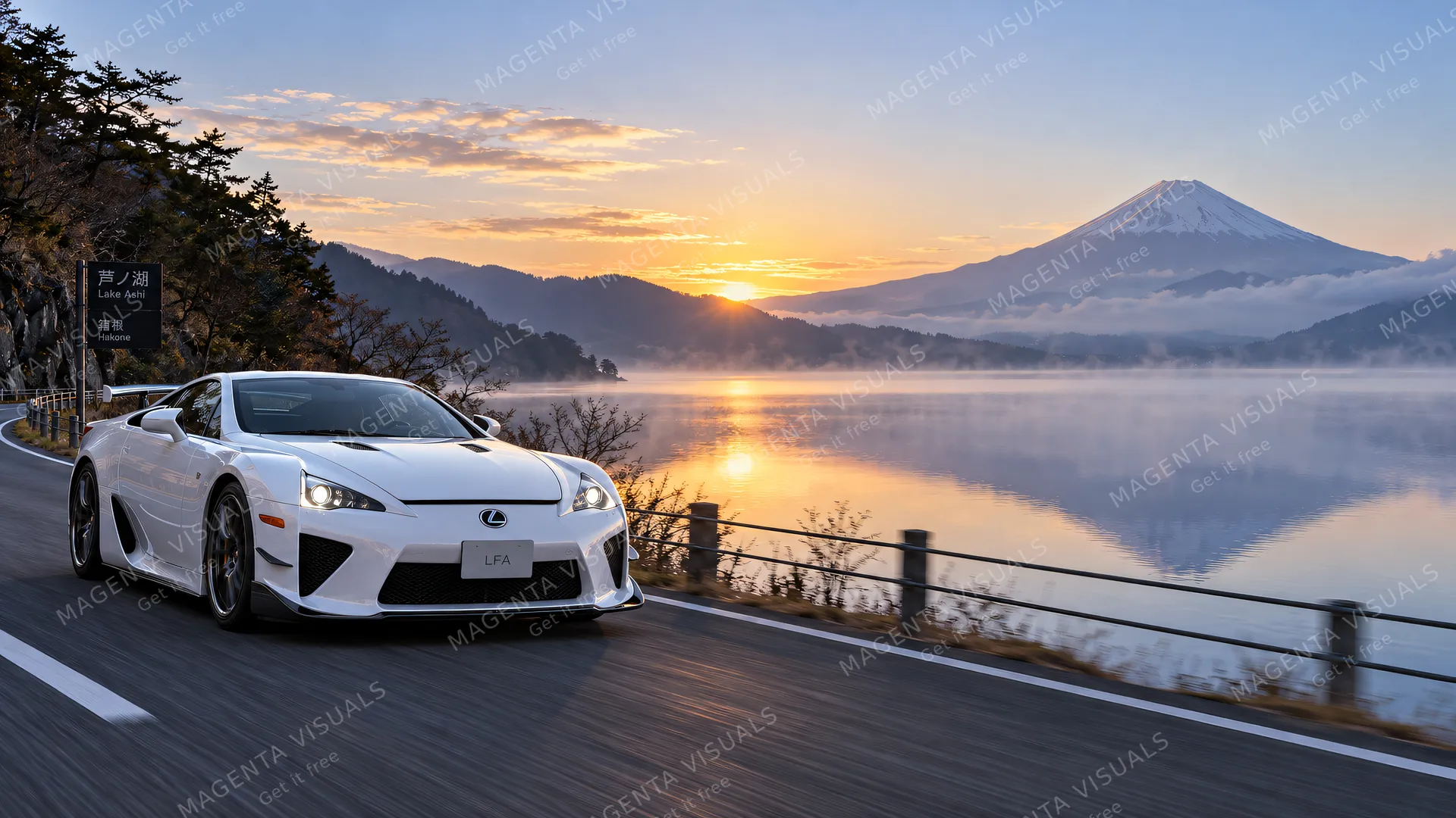 4K wallpaper of A photorealistic 16:9 widescreen automotive photography shot of a pristine pearl white Lexus LFA cruising along an empty lakeside bypass road on the left side of the frame in clea…