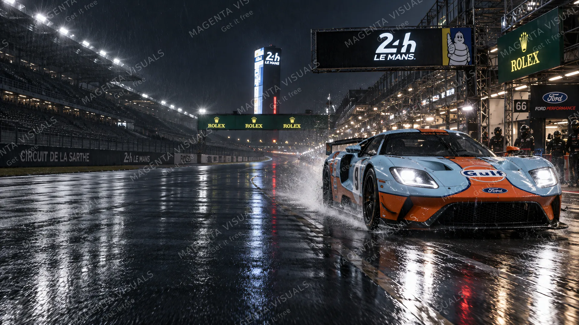 4K wallpaper of Photorealistic automotive photography 16:9 widescreen desktop wallpaper of a Gulf-liveried blue and orange Ford GT roaring down the pit lane apron on the right side of the frame,…