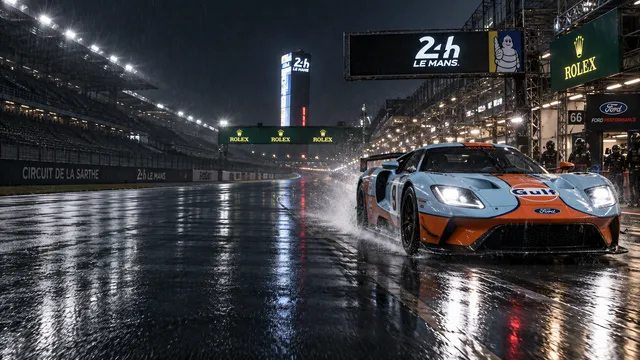 4K wallpaper of Photorealistic automotive photography 16:9 widescreen desktop wallpaper of a Gulf-liveried blue and orange Ford GT roaring down the pit lane apron on the right side of the frame,…