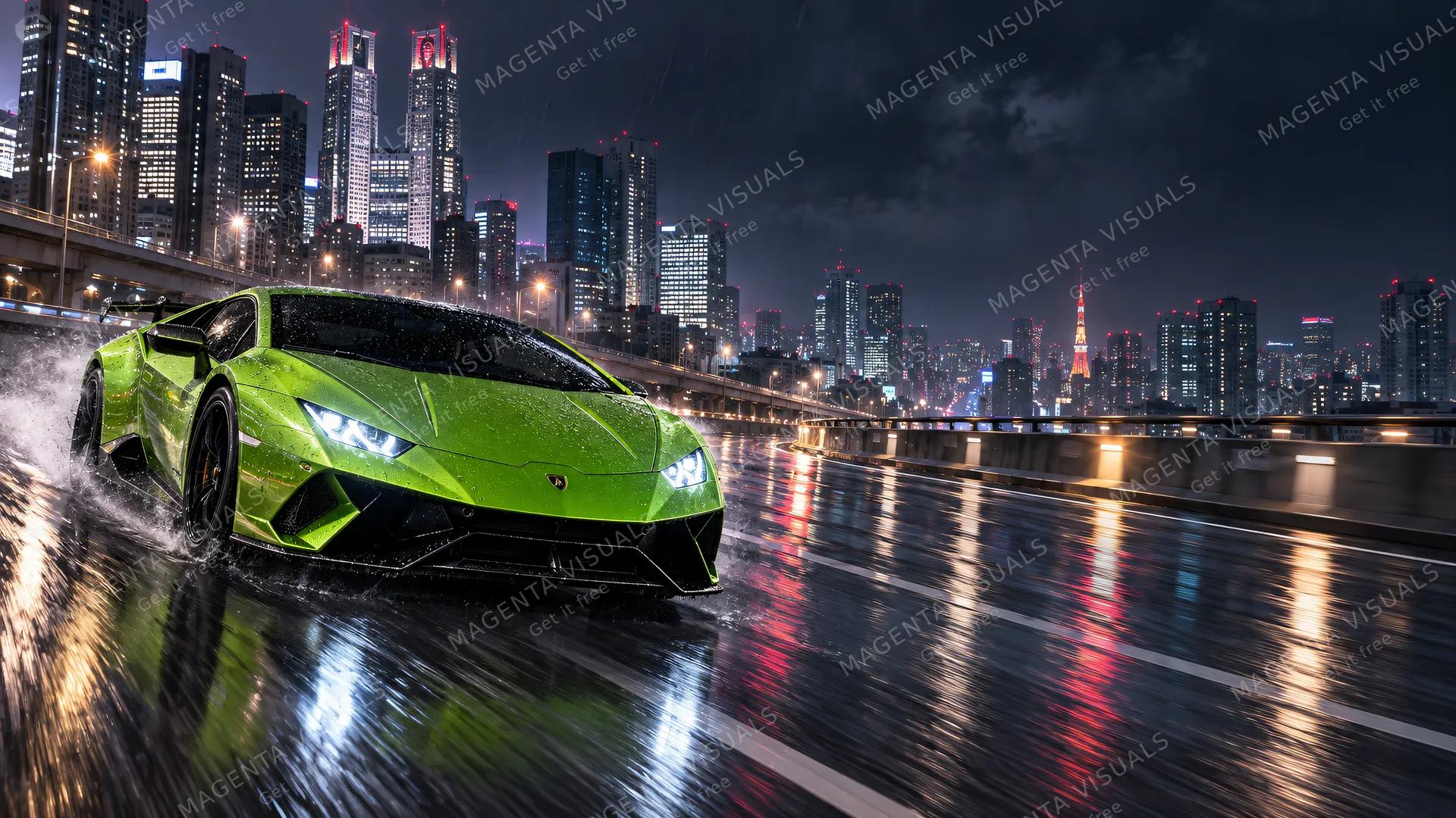 4K wallpaper of An aggressive lime green Lamborghini supercar accelerating down the Tokyo Shinjuku elevated expressway at midnight in light rain, captured as a photorealistic 16:9 widescreen desk…