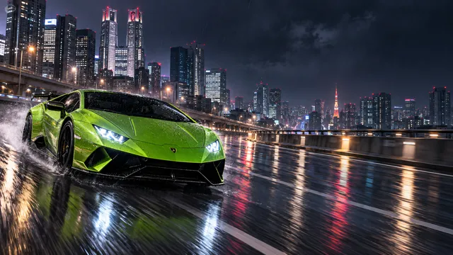 4K wallpaper of An aggressive lime green Lamborghini supercar accelerating down the Tokyo Shinjuku elevated expressway at midnight in light rain, captured as a photorealistic 16:9 widescreen desk…