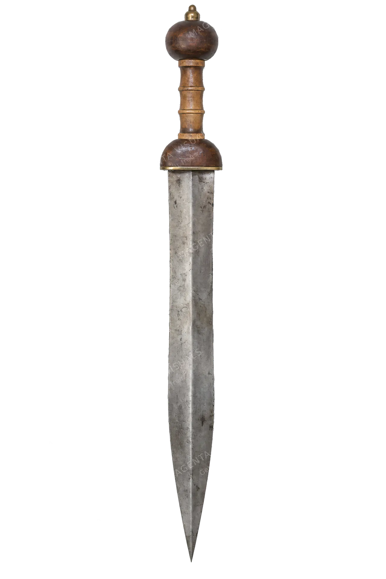 4K transparent cutout of product photography of a single ancient Roman gladius sword with a short double-edged iron blade, a carved wooden hilt and rounded pommel, isolated object, entire subject visible,…