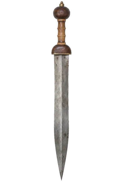 4K transparent cutout of product photography of a single ancient Roman gladius sword with a short double-edged iron blade, a carved wooden hilt and rounded pommel, isolated object, entire subject visible,…
