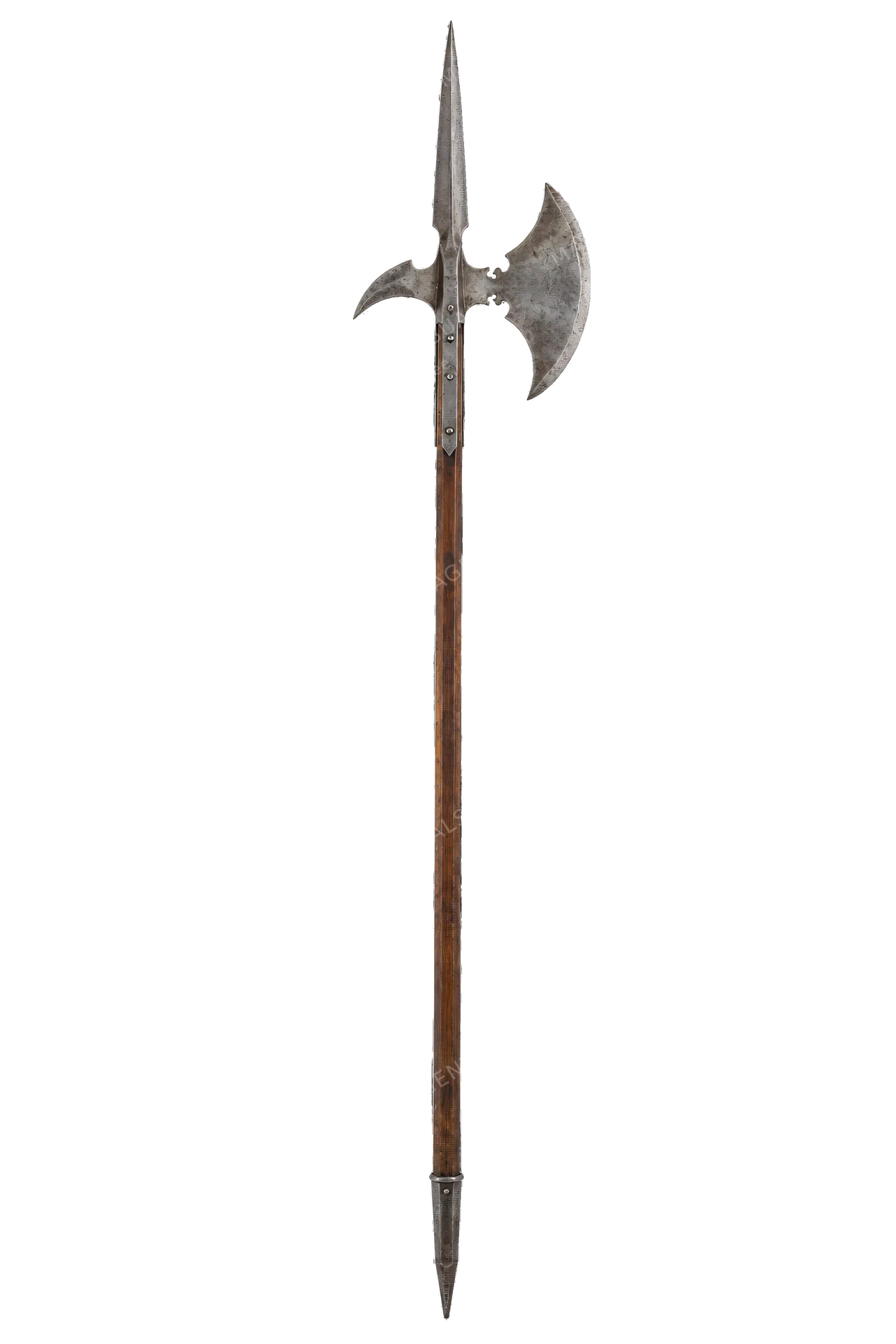 4K transparent cutout of product photography of a single medieval halberd with a long wooden shaft, a pointed steel spearhead, and a curved axe blade, isolated object, entire subject visible, centered in…