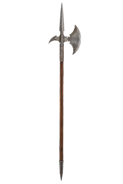 4K transparent cutout of product photography of a single medieval halberd with a long wooden shaft, a pointed steel spearhead, and a curved axe blade, isolated object, entire subject visible, centered in…