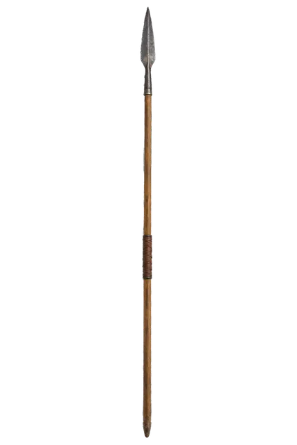 4K transparent cutout of product photography of a single long slender wooden javelin with a sharp forged iron tip and a leather finger grip, isolated object, entire subject visible, centered in frame, mus…