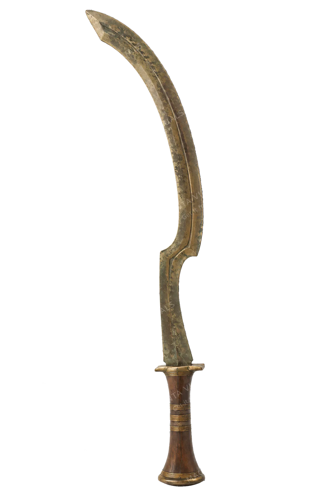 4K transparent cutout of product photography of a single ancient Egyptian khopesh sickle-sword with a distinctive curved bronze blade and a wooden hilt, isolated object, entire subject visible, centered i…