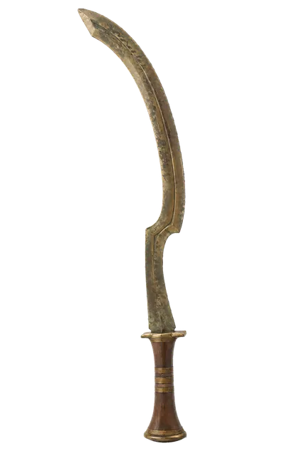 4K transparent cutout of product photography of a single ancient Egyptian khopesh sickle-sword with a distinctive curved bronze blade and a wooden hilt, isolated object, entire subject visible, centered i…
