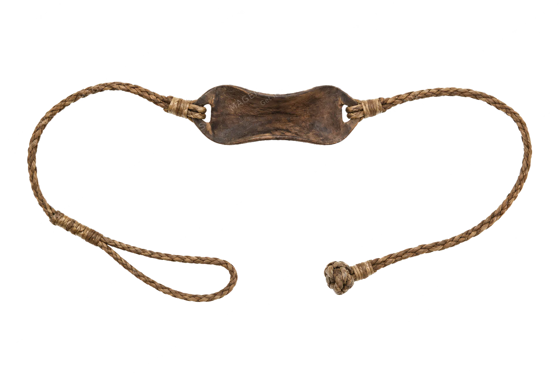4K transparent cutout of product photography of a single ancient leather and woven cord sling weapon with a central pouch for a projectile, isolated object, entire subject visible, centered in frame, muse…