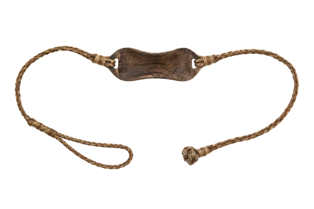4K transparent cutout of product photography of a single ancient leather and woven cord sling weapon with a central pouch for a projectile, isolated object, entire subject visible, centered in frame, muse…