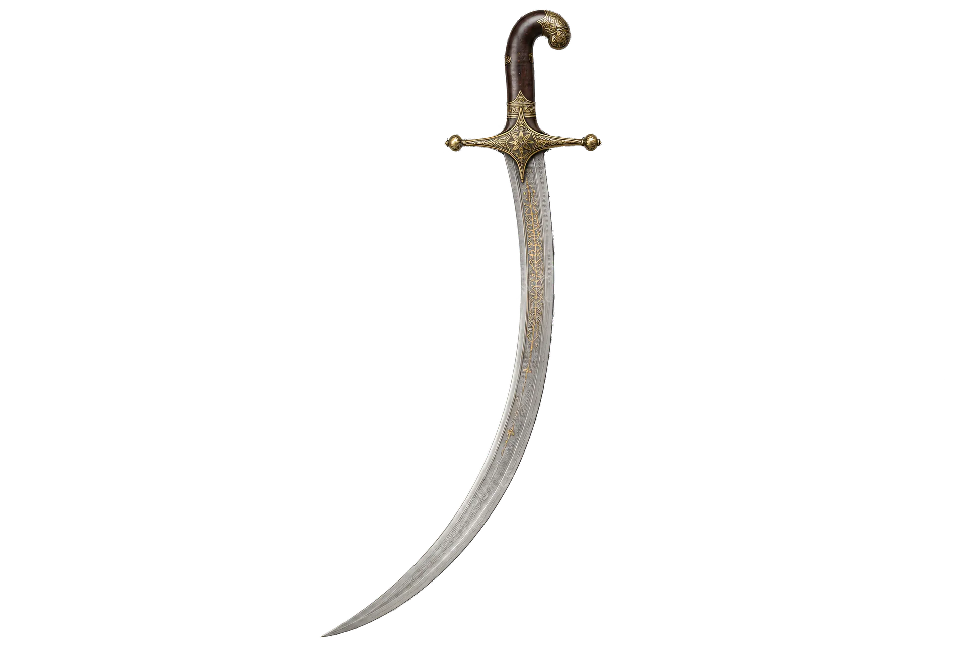 4K transparent cutout of product photography of a single Middle Eastern scimitar with a deeply curved steel blade, ornate brass crossguard, and a polished dark wood grip, isolated object, entire subject v…