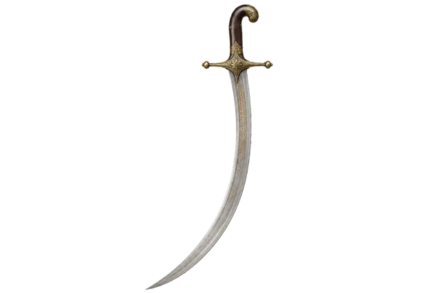 4K transparent cutout of product photography of a single Middle Eastern scimitar with a deeply curved steel blade, ornate brass crossguard, and a polished dark wood grip, isolated object, entire subject v…