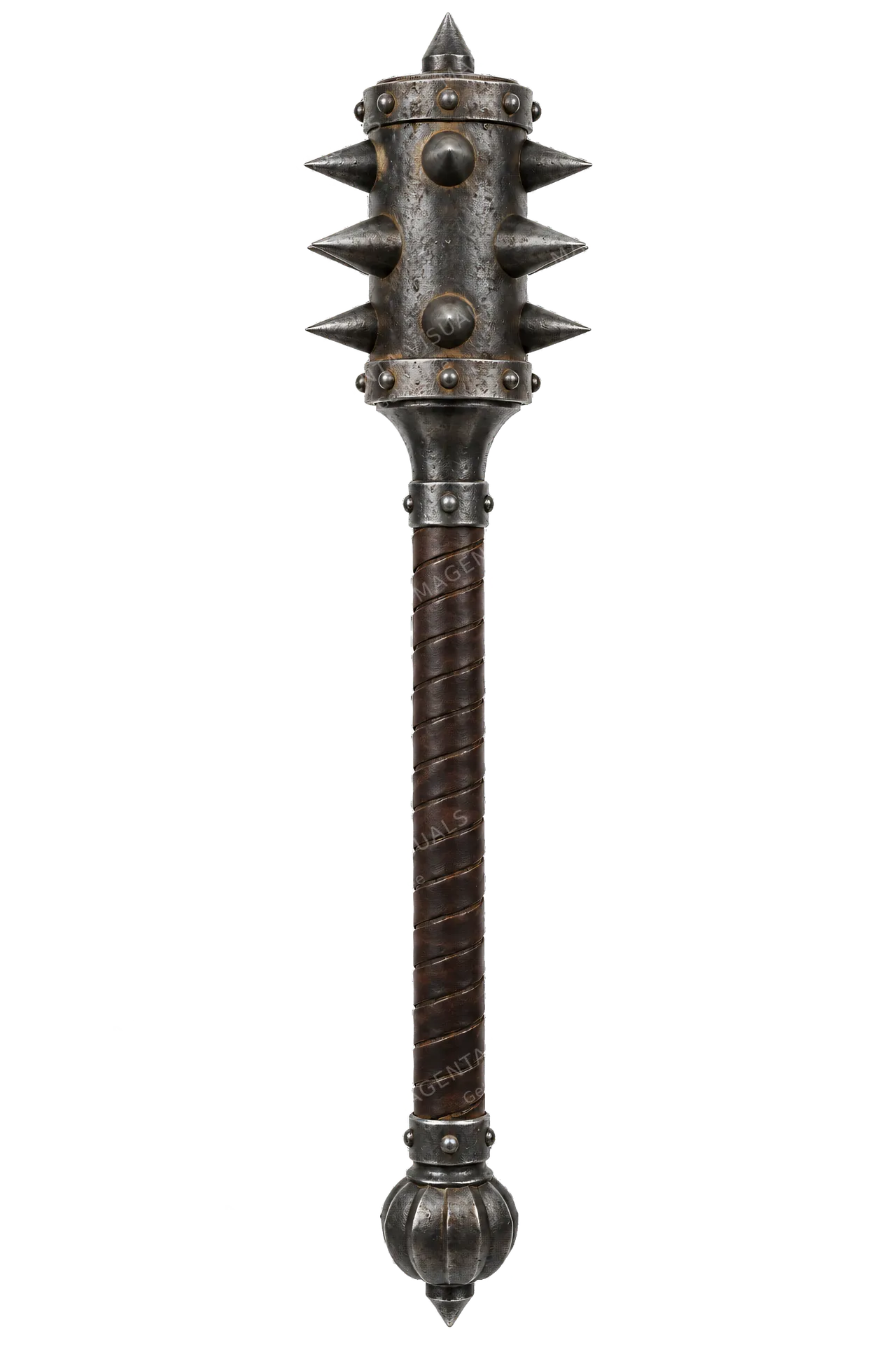4K transparent cutout of product photography of a single heavy iron flanged mace with a spiked cylindrical head and leather-wrapped steel haft, isolated object, entire subject visible, centered in frame,…