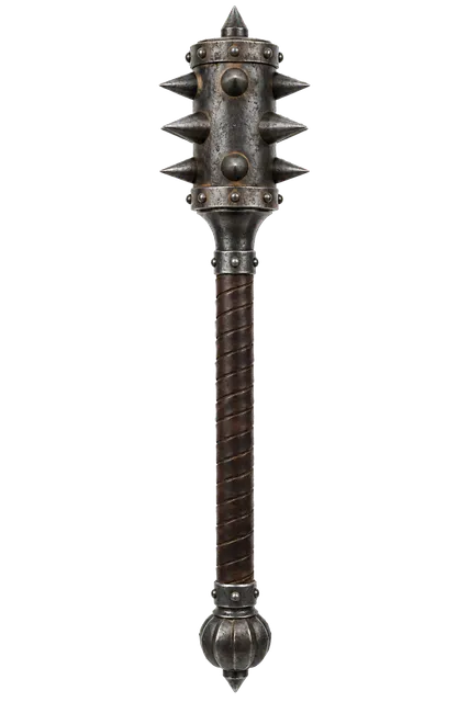 4K transparent cutout of product photography of a single heavy iron flanged mace with a spiked cylindrical head and leather-wrapped steel haft, isolated object, entire subject visible, centered in frame,…