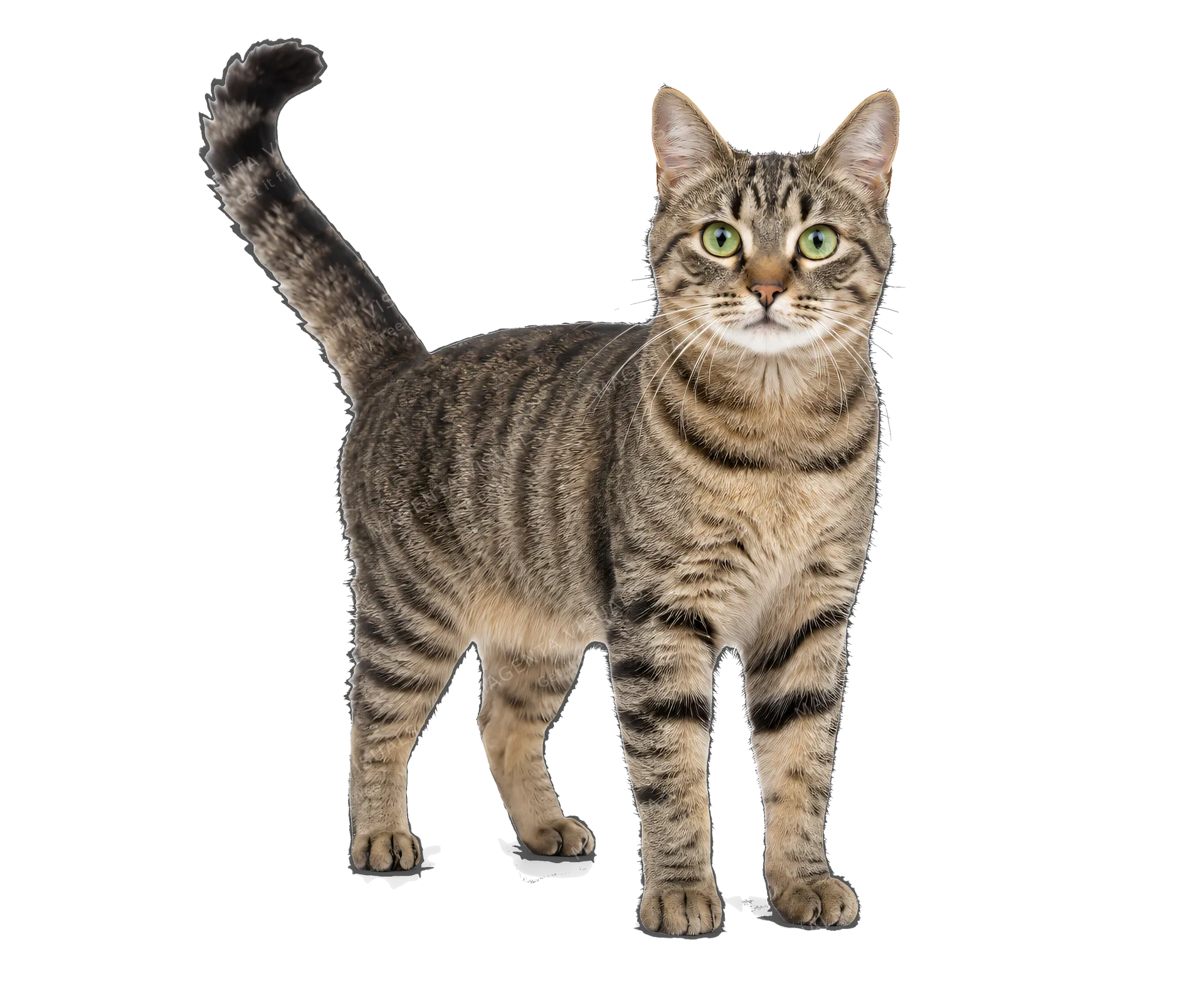 4K transparent cutout of product photography of a single domestic shorthair cat, tabby pattern coat with green eyes and long tail, isolated object, entire animal visible, centered in frame, standing natur…