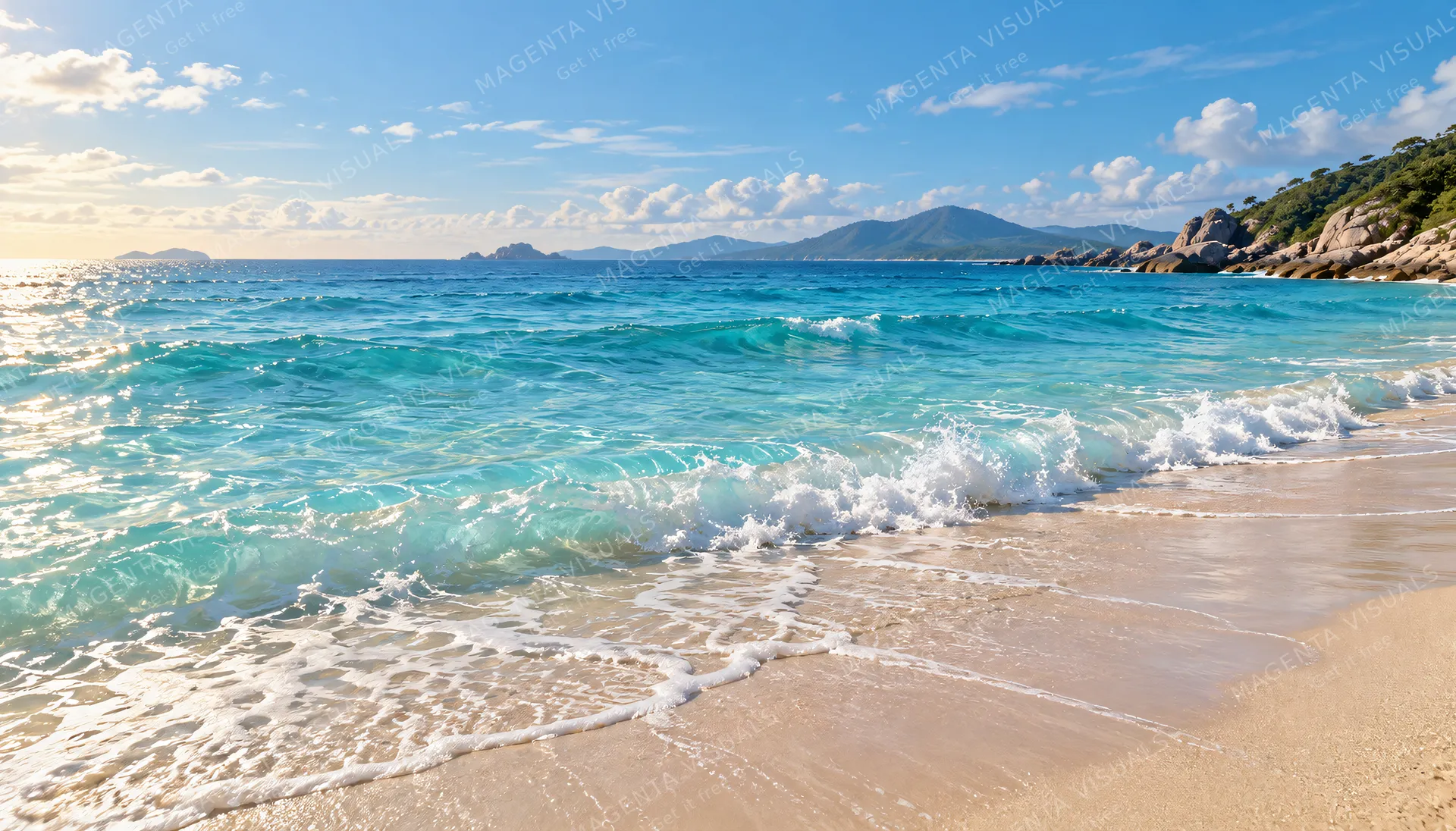4K 16:9 widescreen background, desktop wallpaper or UI backdrop featuring a wide shoreline vista with gentle translucent turquoise foam lapping over clean wet sand, creating a calm c…