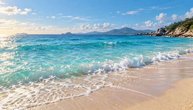 4K 16:9 widescreen background, desktop wallpaper or UI backdrop featuring a wide shoreline vista with gentle translucent turquoise foam lapping over clean wet sand, creating a calm c…