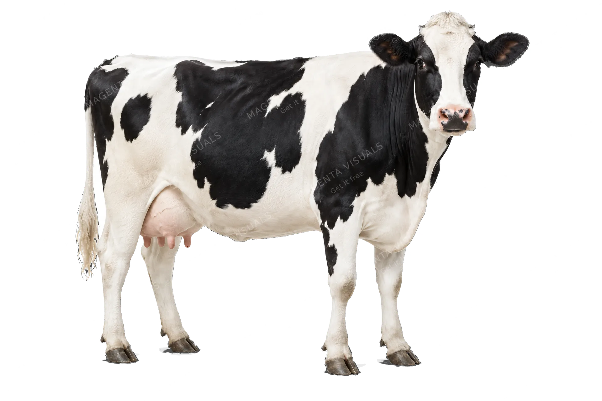4K transparent cutout of product photography of a single adult dairy cow with a black and white spotted coat, isolated object, entire animal visible, centered in frame, standing naturally, pure white back…