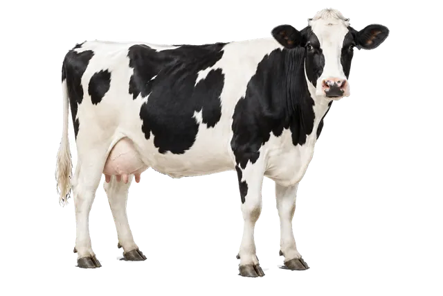 4K transparent cutout of product photography of a single adult dairy cow with a black and white spotted coat, isolated object, entire animal visible, centered in frame, standing naturally, pure white back…
