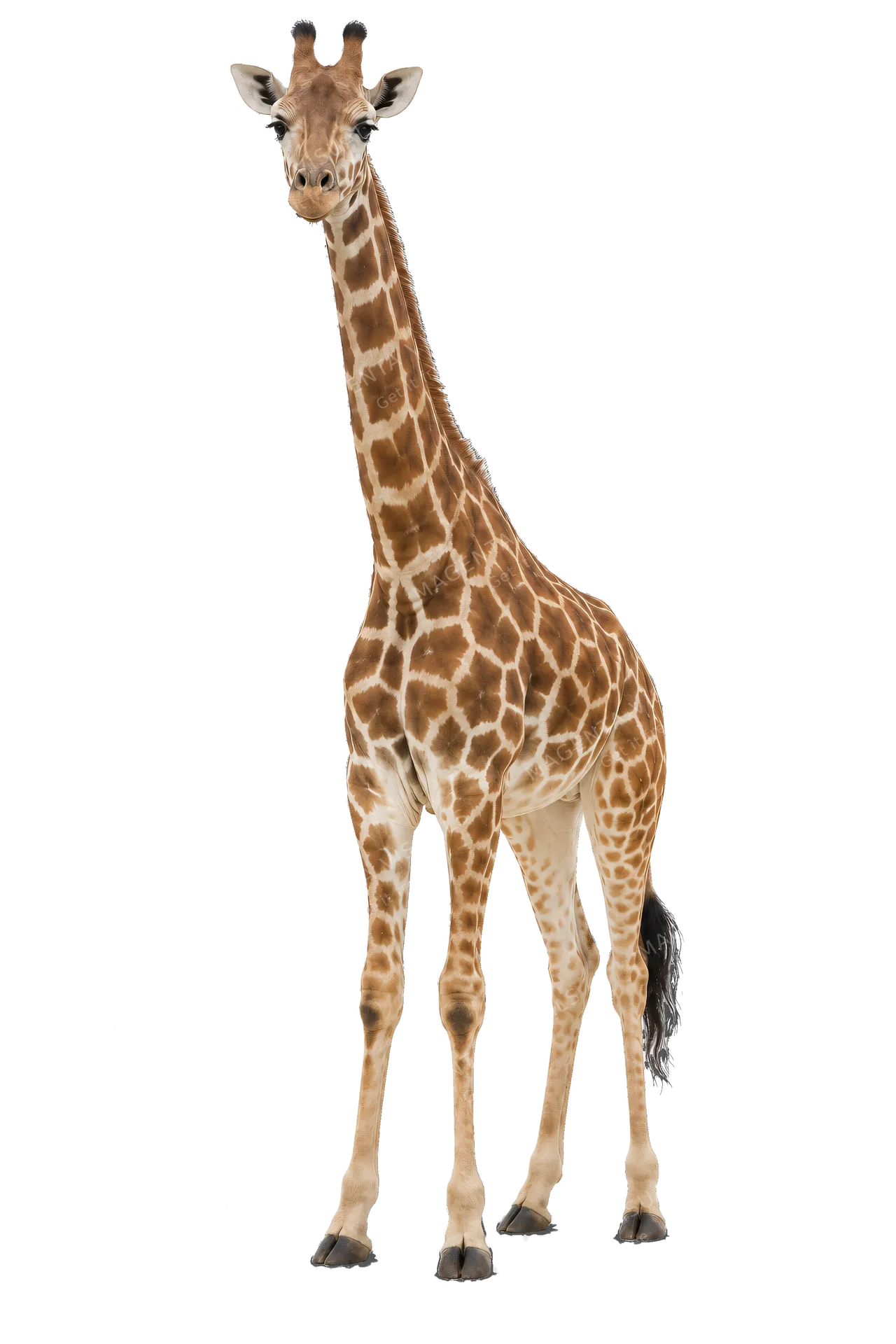 4K transparent cutout of product photography of a single adult giraffe with distinct brown patches separated by light lines, long neck and legs, and ossicones on head, isolated object, entire animal visib…