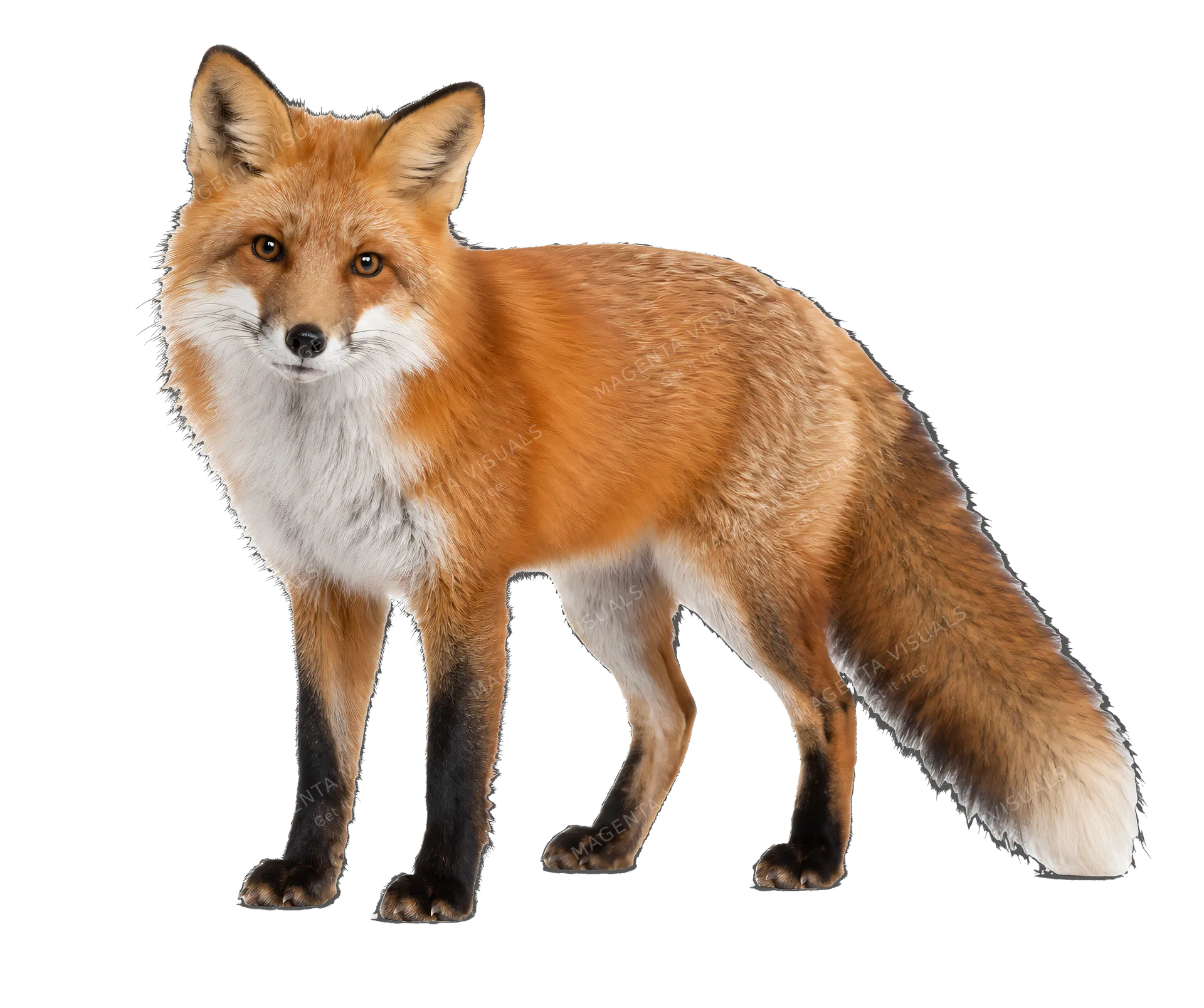 4K transparent cutout of product photography of a single red fox, isolated object, entire animal visible, centered in frame, standing naturally, pure white background, seamless white backdrop, high key st…