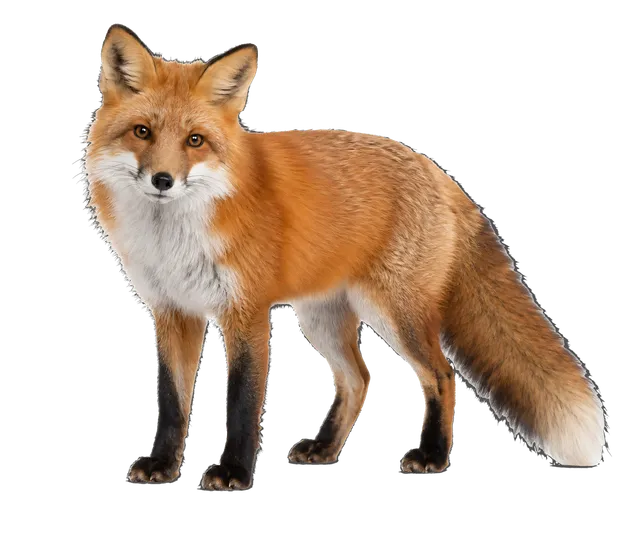 4K transparent cutout of product photography of a single red fox, isolated object, entire animal visible, centered in frame, standing naturally, pure white background, seamless white backdrop, high key st…
