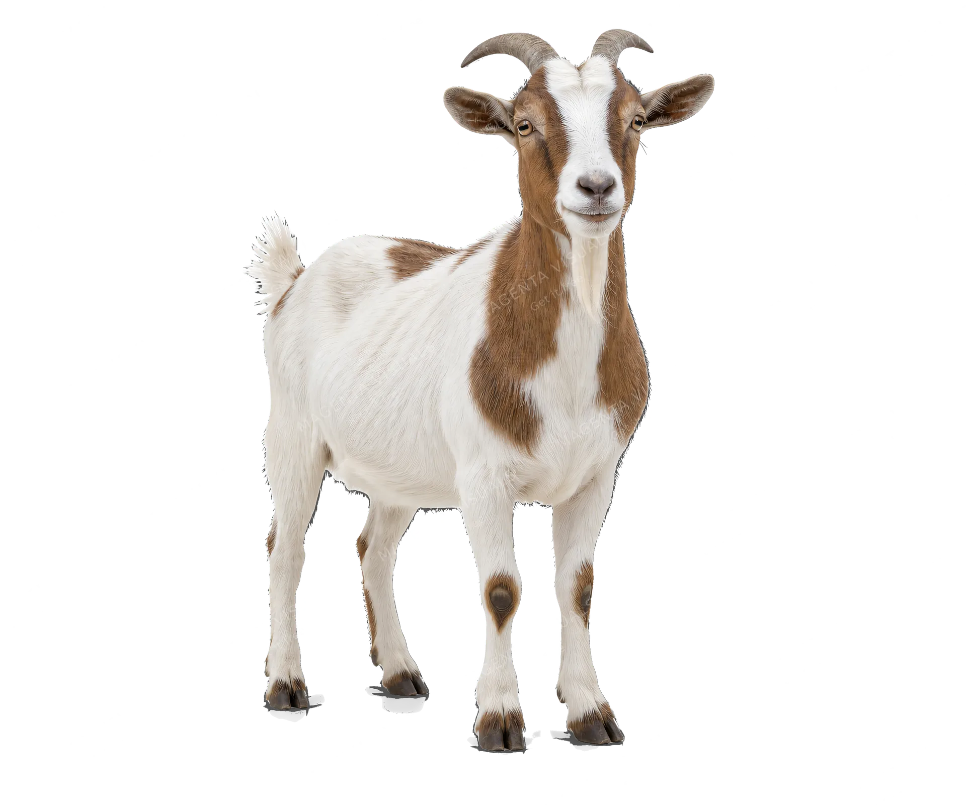4K transparent cutout of product photography of a single goat, isolated object, entire animal visible, centered in frame, standing naturally, pure white background, seamless white backdrop, high key studi…