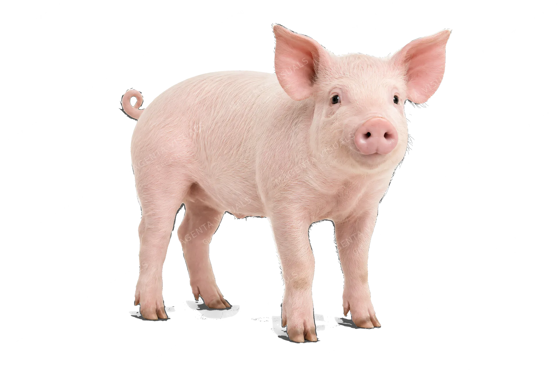 4K transparent cutout of product photography of a single pig, isolated object, entire animal visible, centered in frame, standing naturally, pure white background, seamless white backdrop, high key studio…