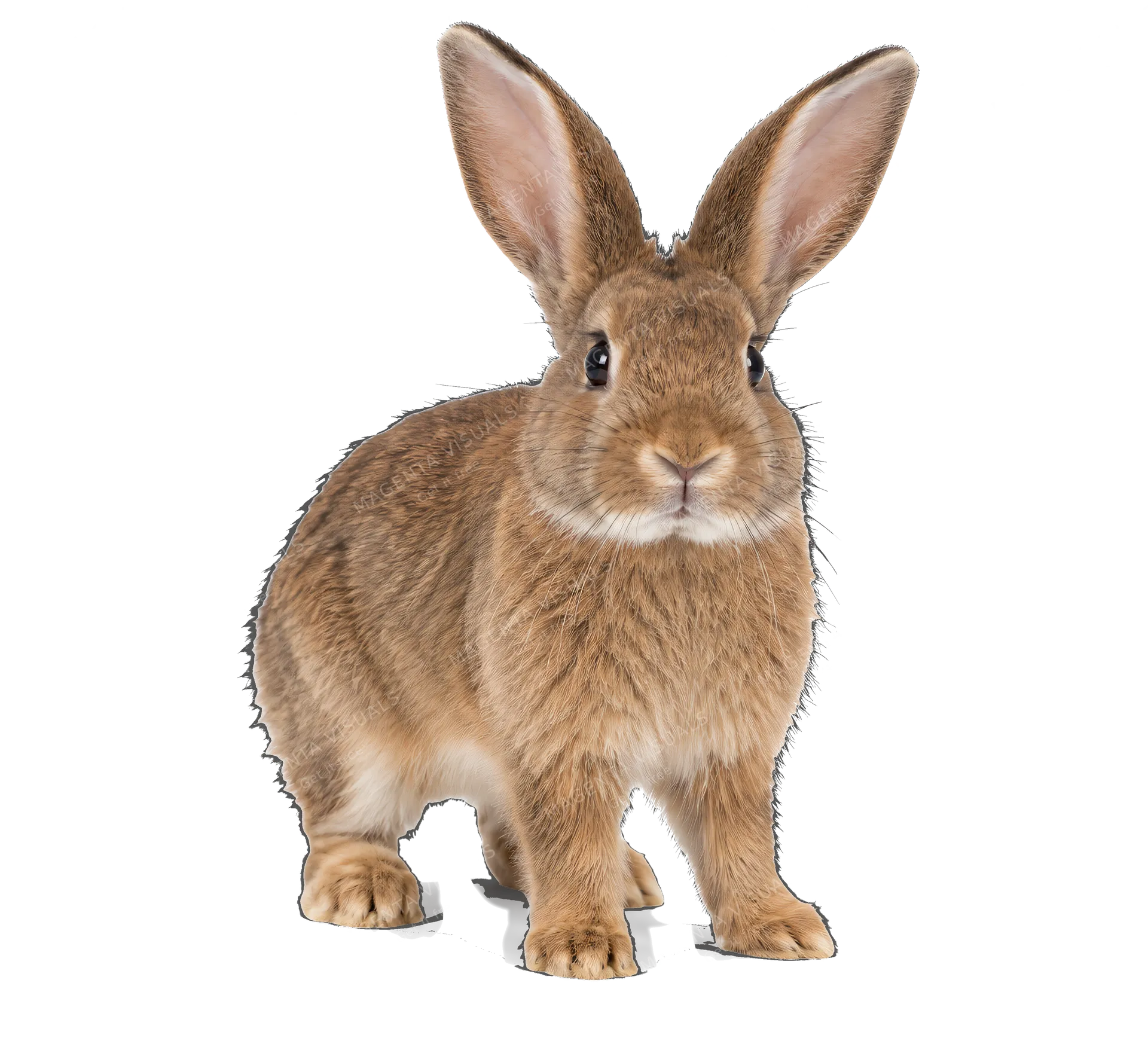 4K transparent cutout of product photography of a single fluffy brown domestic rabbit with long ears, isolated object, entire animal visible, centered in frame, standing naturally, pure white background,…
