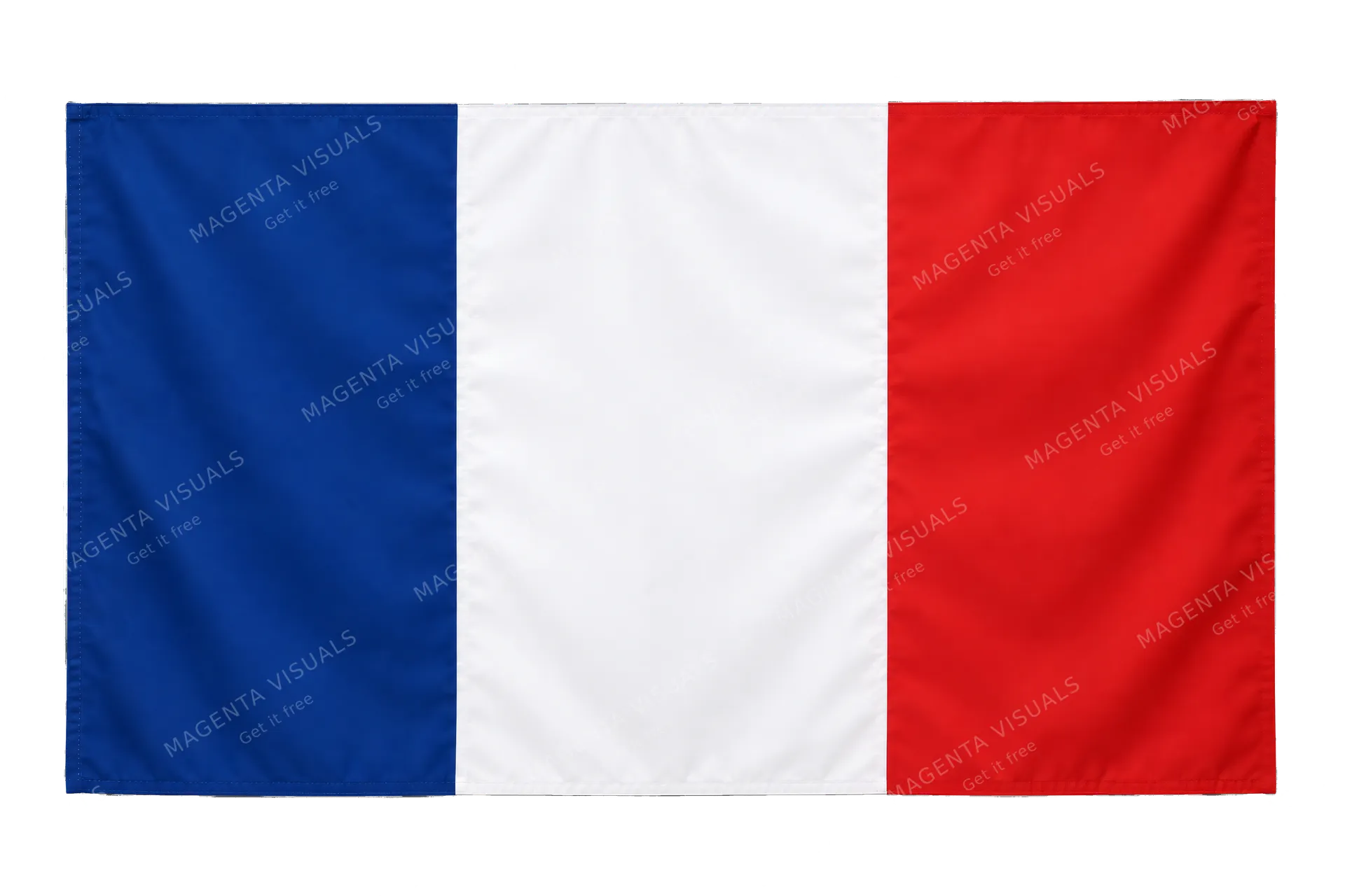 4K transparent cutout of product photography of a single official national flag of France, isolated object, entire flag visible, centered in frame, correct colors and emblem, hanging as a flat rectangular…