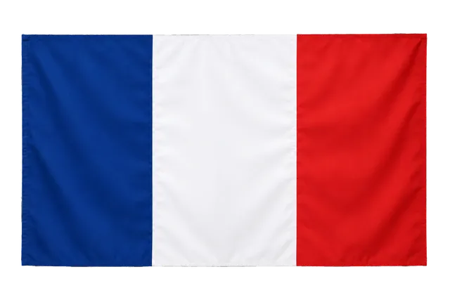 4K transparent cutout of product photography of a single official national flag of France, isolated object, entire flag visible, centered in frame, correct colors and emblem, hanging as a flat rectangular…