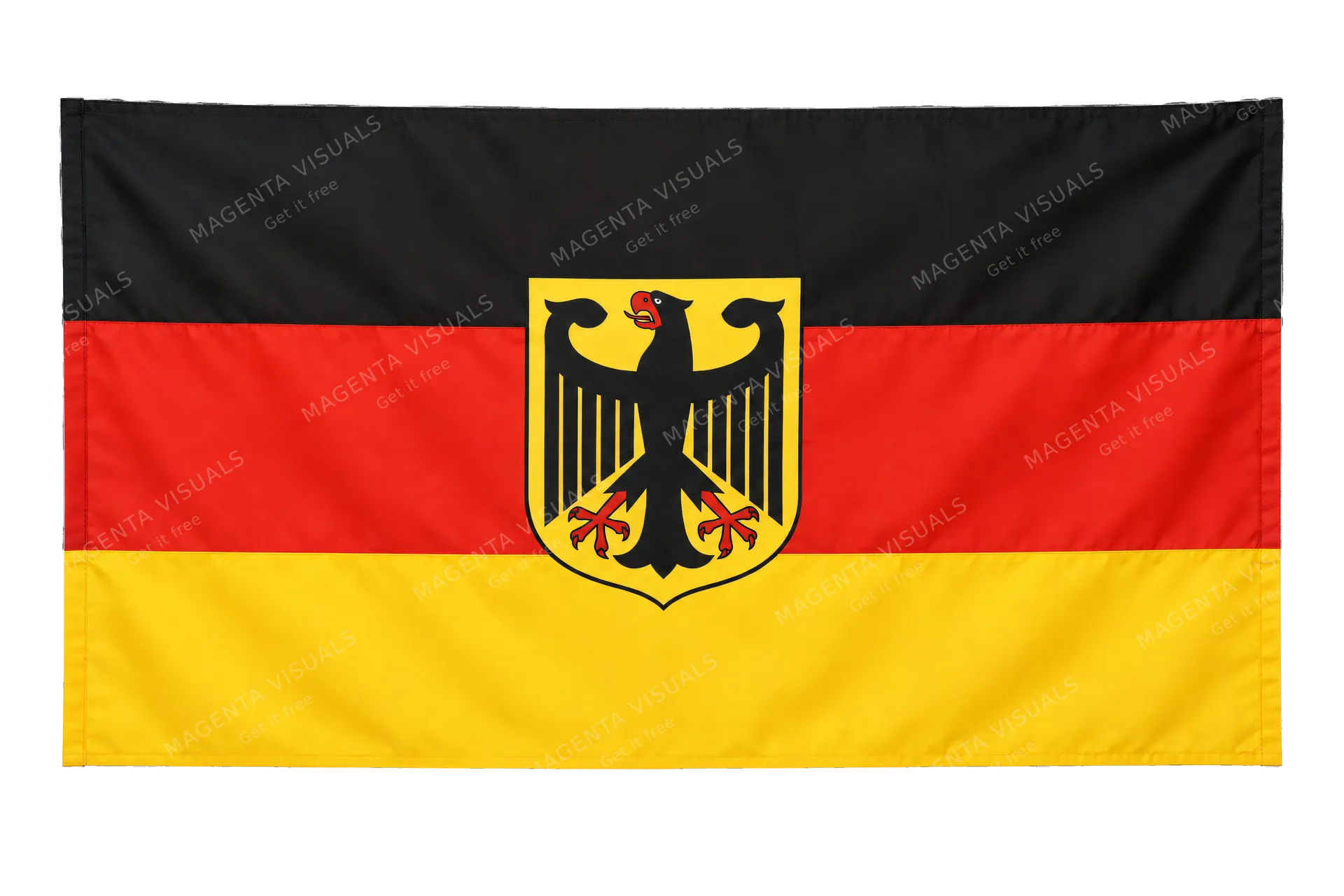4K transparent cutout of product photography of a single official national flag of Germany, isolated object, entire flag visible, centered in frame, correct colors and emblem, hanging as a flat rectangula…