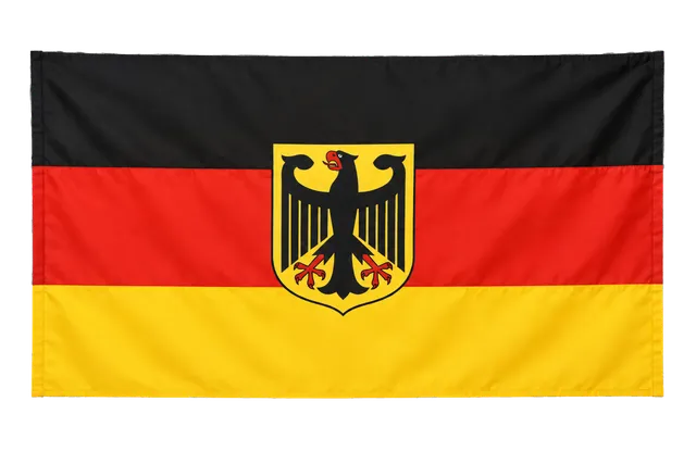 4K transparent cutout of product photography of a single official national flag of Germany, isolated object, entire flag visible, centered in frame, correct colors and emblem, hanging as a flat rectangula…
