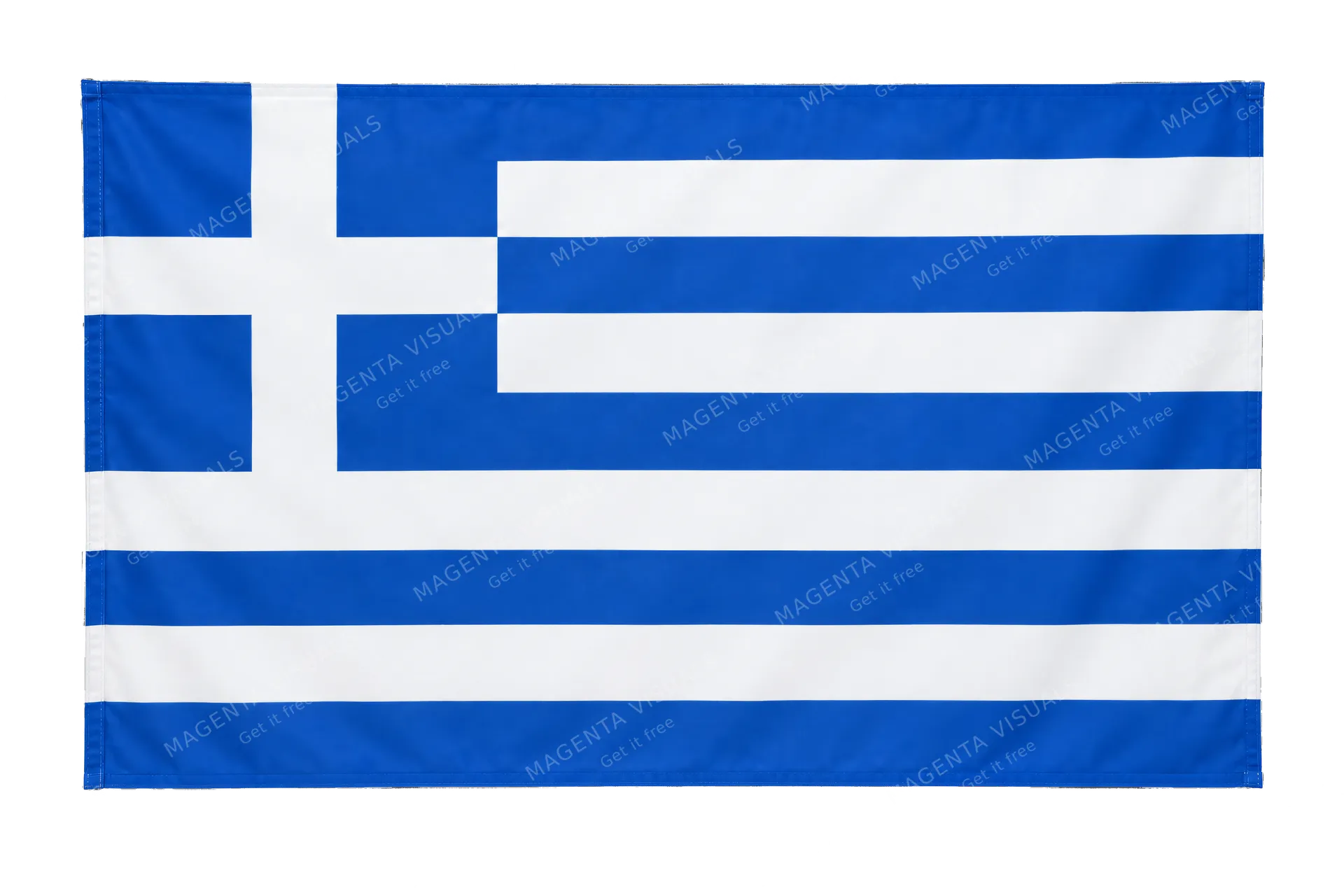 4K transparent cutout of product photography of a single official national flag of Greece, isolated object, entire flag visible, centered in frame, correct colors and emblem, hanging as a flat rectangular…