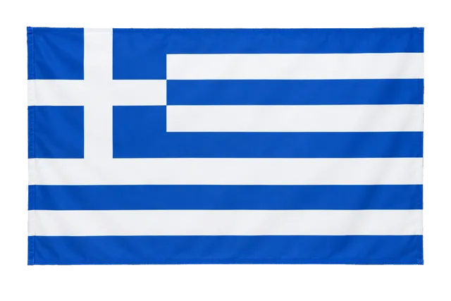4K transparent cutout of product photography of a single official national flag of Greece, isolated object, entire flag visible, centered in frame, correct colors and emblem, hanging as a flat rectangular…