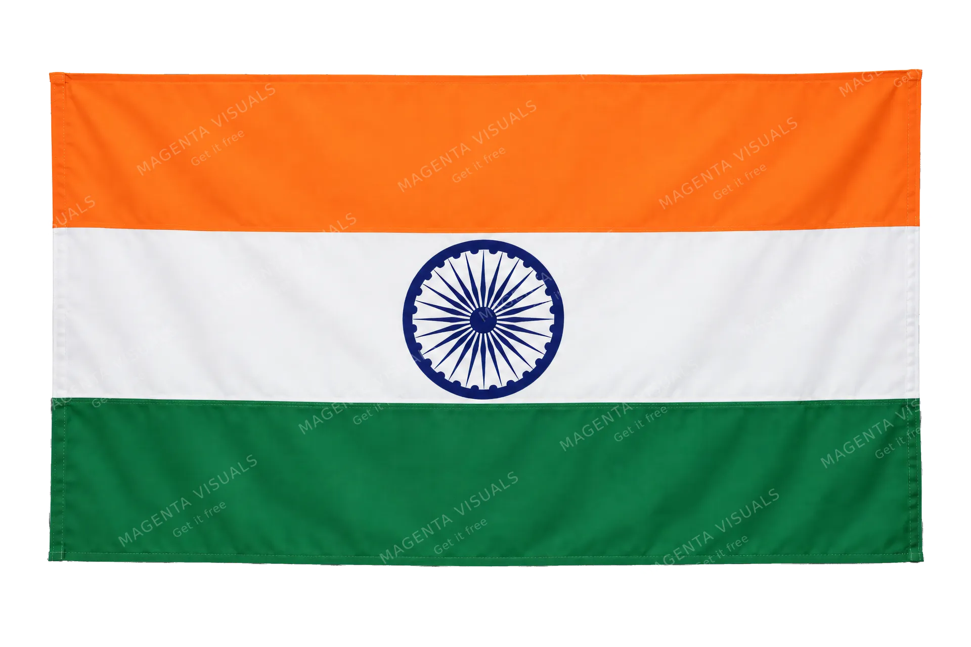 4K transparent cutout of product photography of a single official national flag of India, isolated object, entire flag visible, centered in frame, correct colors and emblem, hanging as a flat rectangular…