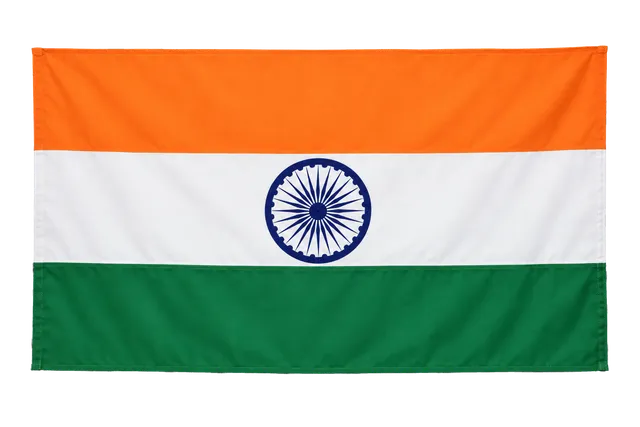4K transparent cutout of product photography of a single official national flag of India, isolated object, entire flag visible, centered in frame, correct colors and emblem, hanging as a flat rectangular…